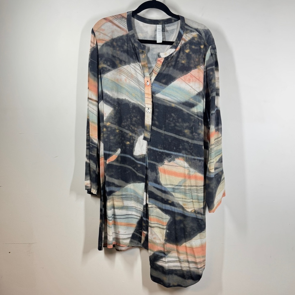 Ischiko Oska Lagenlook Abstract Print Tunic Dress Size 3 Asymmetrical Hem Baggy - Picture 2 of 11